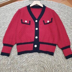 Red Navy Trim Pearl Button Knit Cardigan Chic Pocket Detail Sweater